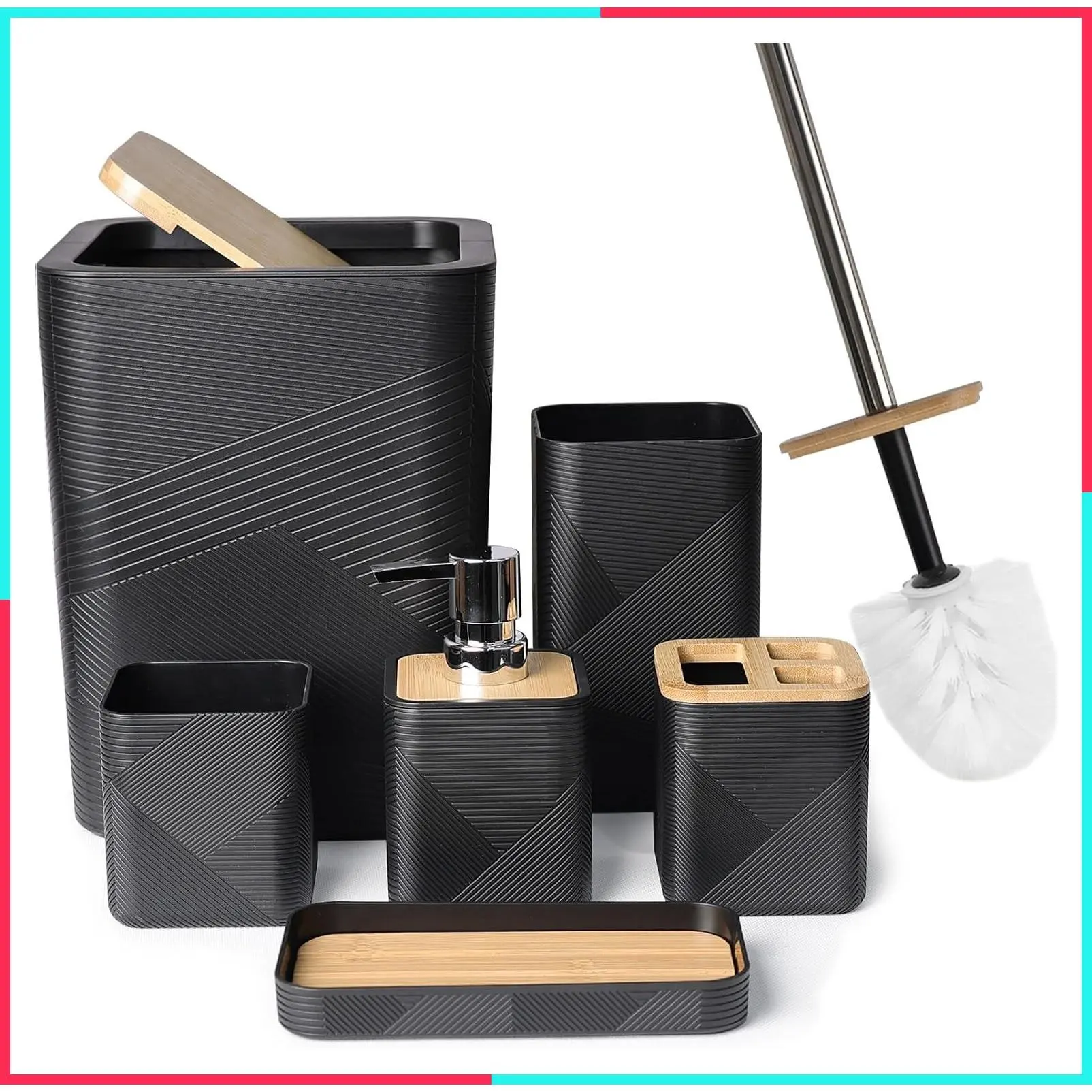 Bamboo Bathroom Accessories Set 6-Piece Square Spiral Design, Black