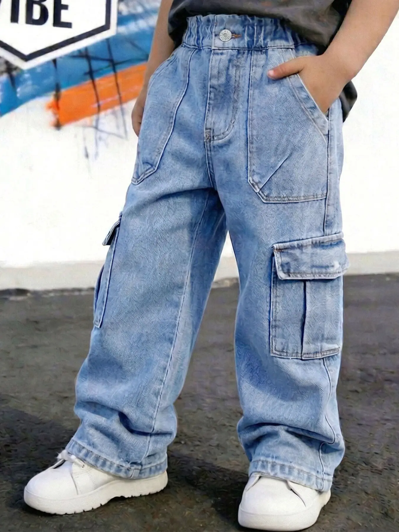 Boys' Wide Leg Cargo Jeans, Elastic Waist Multi-Pocket Washed Denim Multiple Pockets Pants for Kids 4-7 Years, Casual School & Outdoor Wear