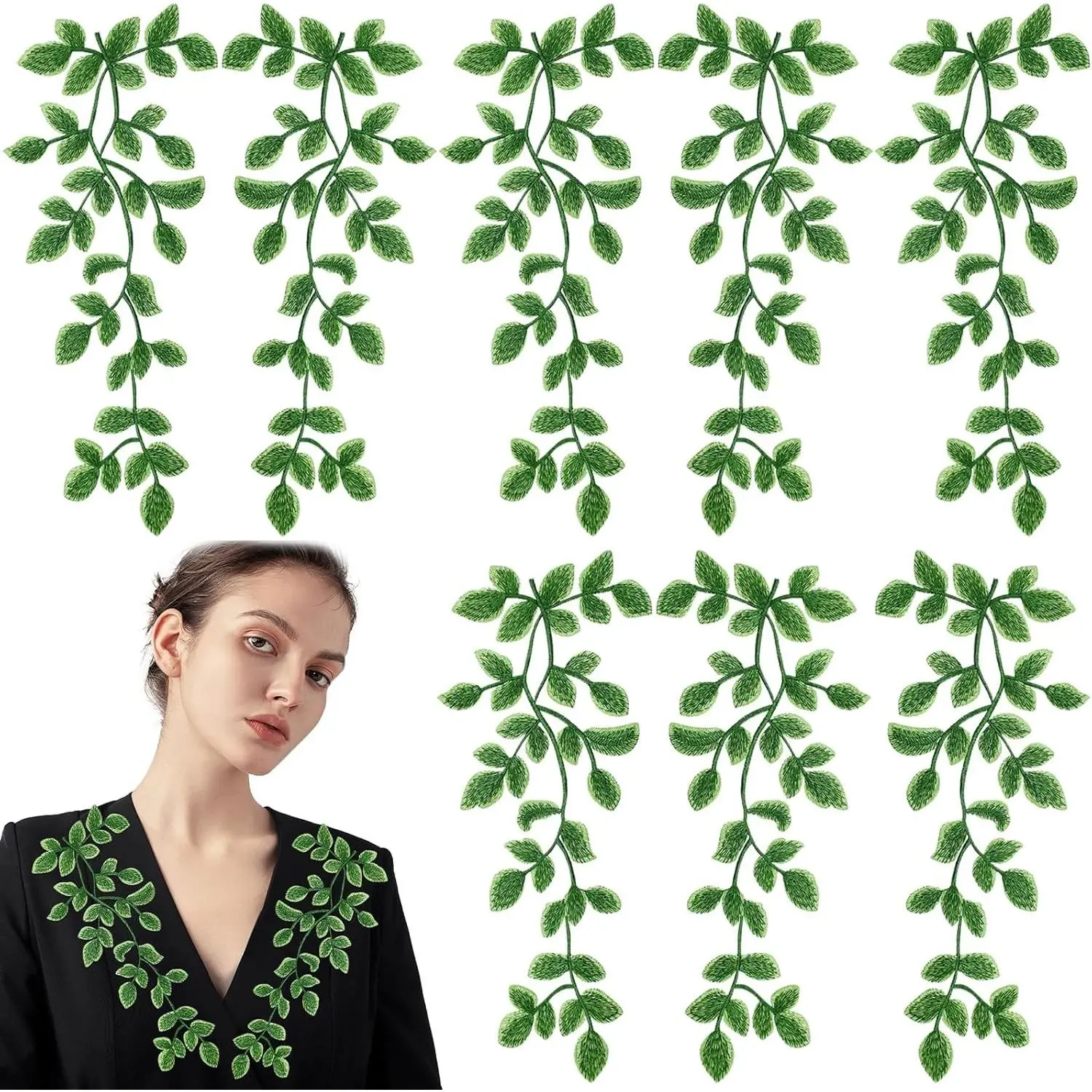4 Pairs Green Lace Forest Leaves Vine Applique Patches Leaf Sewing Embroidery Applique Bohemian Shoulder Collar Embellishment Decorative Patches for Clothing Bags DIY Accessory Craft