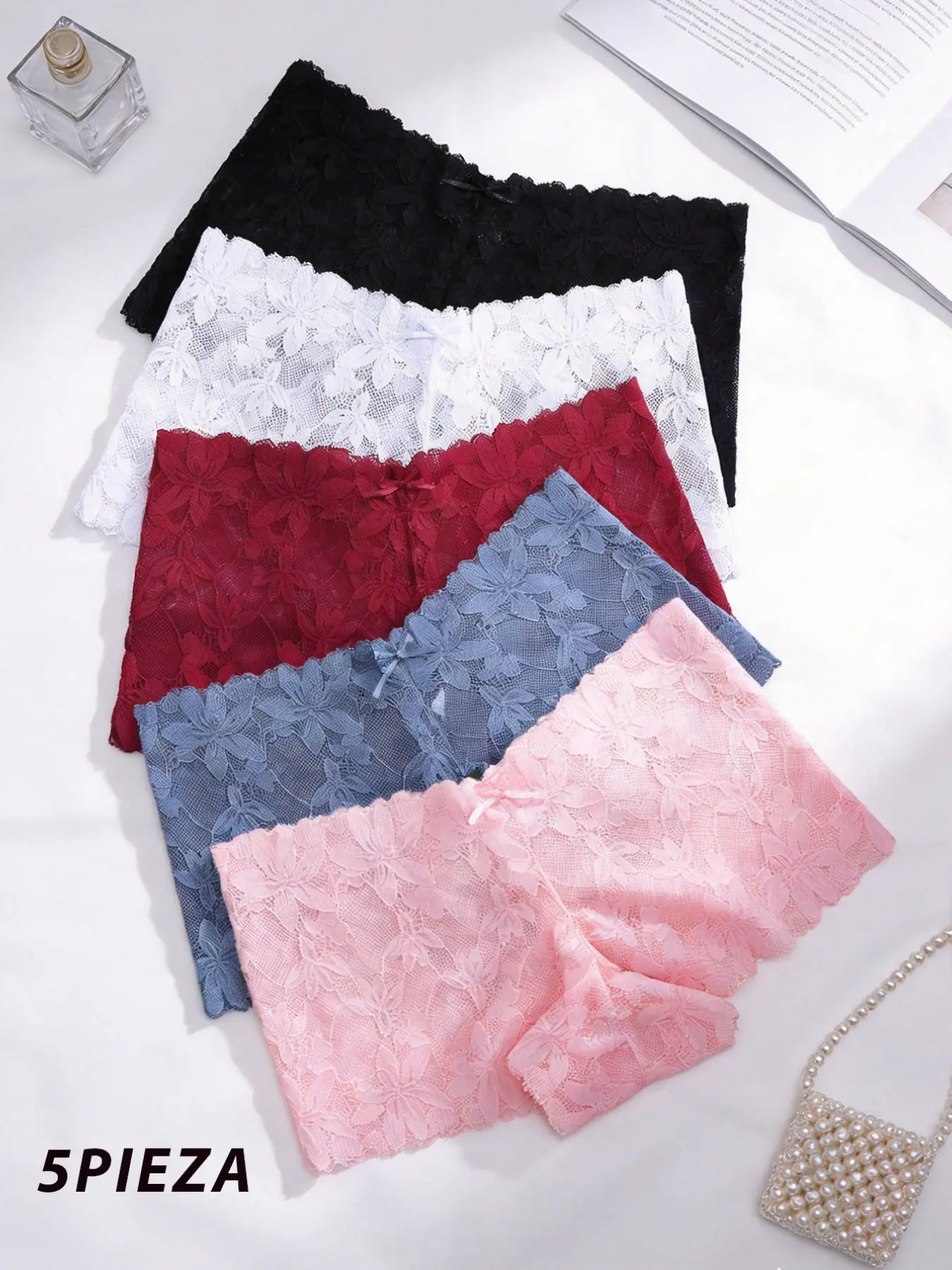 5pcs Solid Floral Lace Semi-Sheer Elegant Chic Boyshorts Underwear Floral Lace Panties