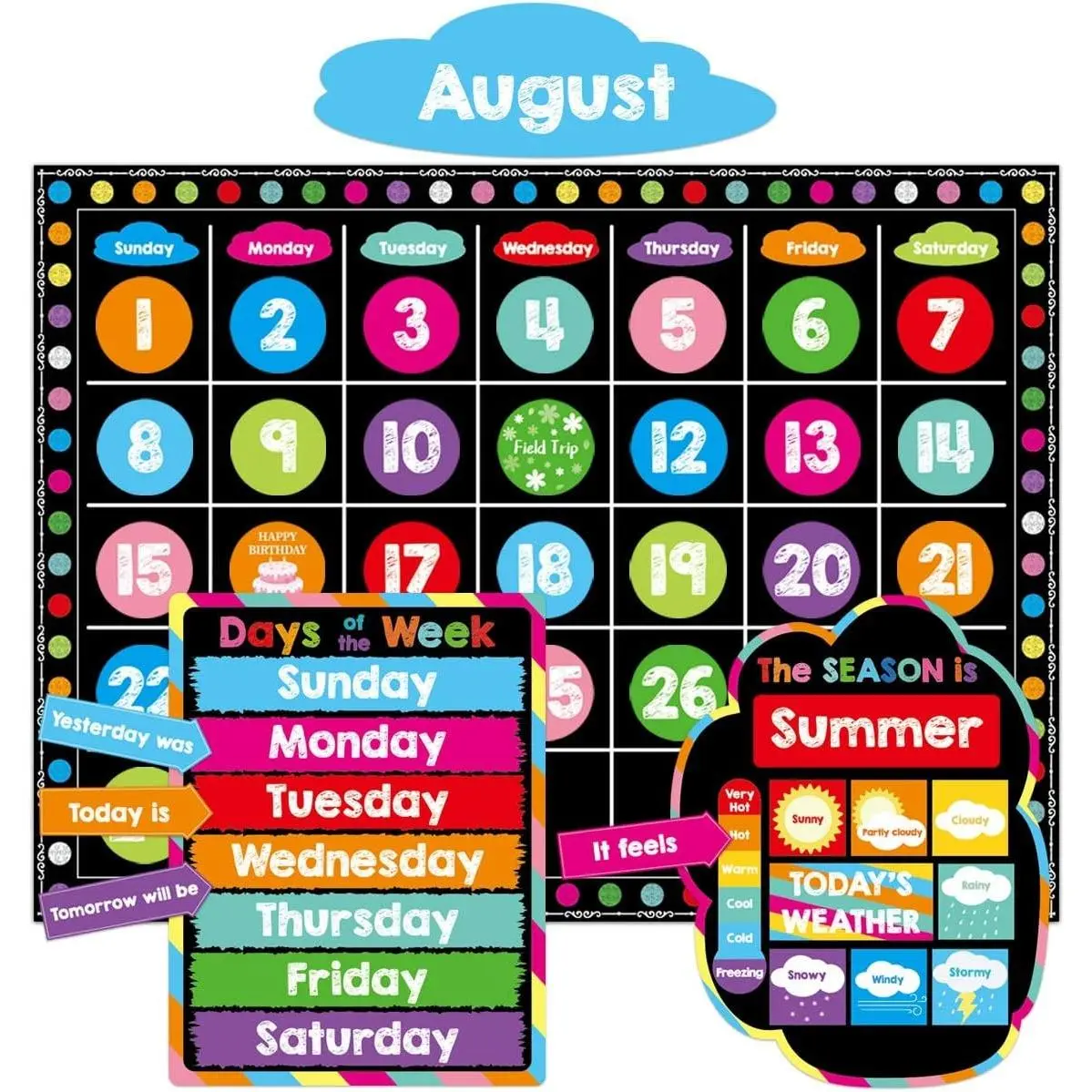Chalkboard Calendar Bulletin Board Set Colorful Classroom Decor | 99Pcs Brights Classroom Calendar, Back to School Decorations, Kindergarten, Preschool Decor Supplies