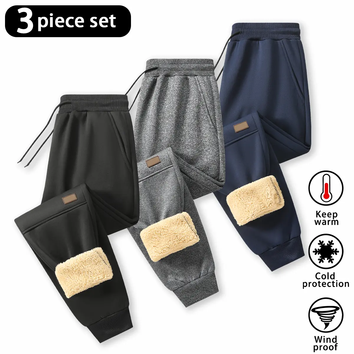 Men Value 3 Pieces Fleece Lined Jogger Sweatpants Uniform Solid Color Options Warm Fluffy Inner Layer Reinforced Seam Stitching Adjustable Drawstring Waist Shape Retentive Fabric Fit For City Strolls Fitness Training