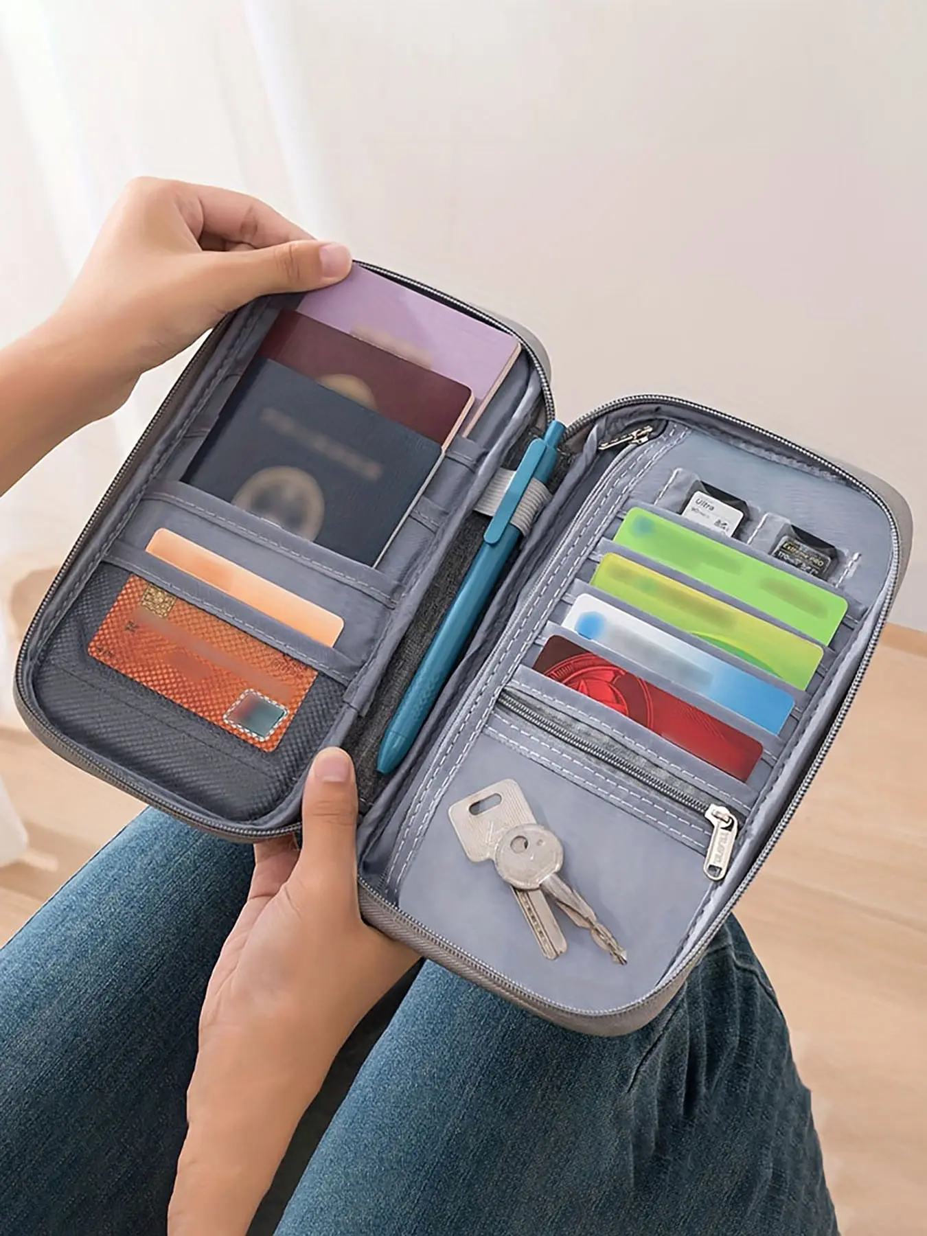Single portable air travel storage bag, passport pouch for business trips, multi-functional layered document organizer bag