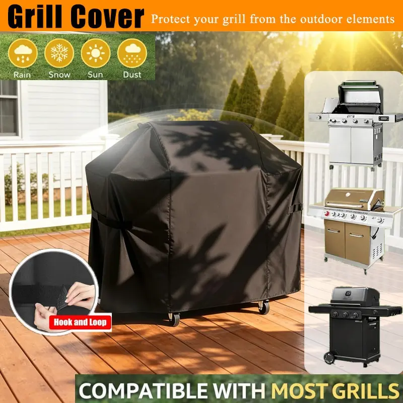 Outdoor BBQ Grill Cover, Gas Grill Cover, Dustproof Grill Protector, Durable Waterproof UV Resistant Tear-Resistant BBQ Hood for Most Grills