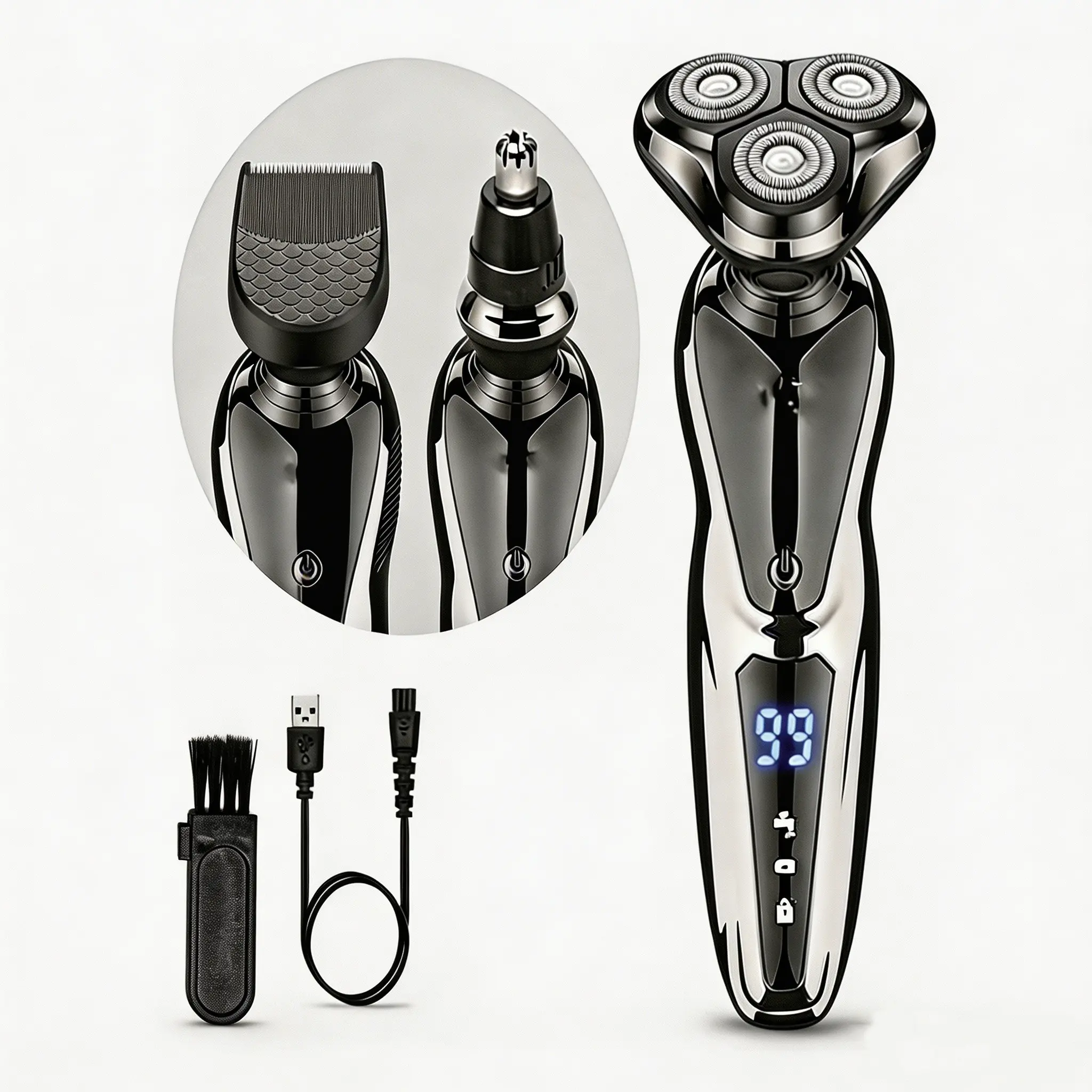 Electric Razor for Men - Rechargeable Electric Shaver for Men, Waterproof Wet Dry Cordless Razor with Nose Hair Trimmer and Sideburns Trimmer, Beard Shaver