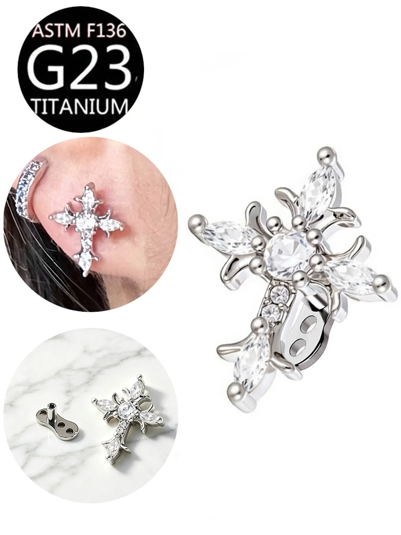 Trendy Shiny Cross Zircon Dermal Anchor Kit, 1Pc Zircon Cross Attachment Top + G23 Titanium Dermal Base, Hypoallergenic Stylish Skin Piercing Acc