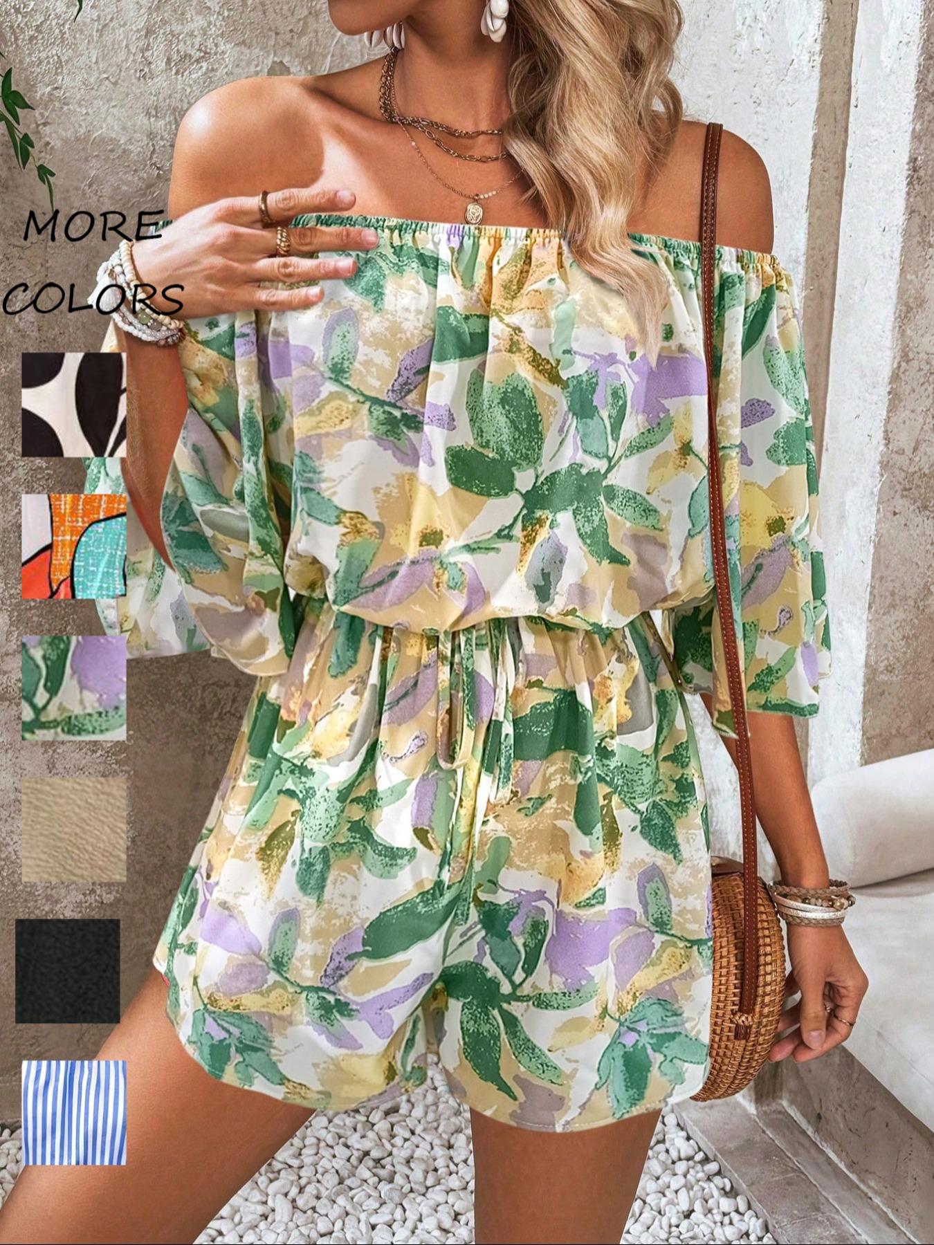 Women's Leaf Print Off Shoulder Tie Front Romper, Casual Flounce Sleeve Romper for Summer, Fashion Women's Clothing for Beach Holiday Vacation Jumpsuit