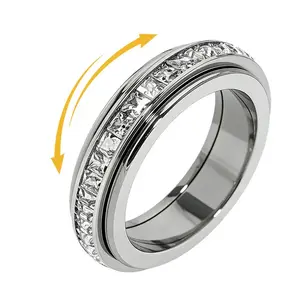 Anxiety Rings for Women and Men Titanium Steel Spinner Fidget Band Rings with Cubic Zirconia for Stress Relief and Wedding Promise Comfort Fit Size 5 to 12