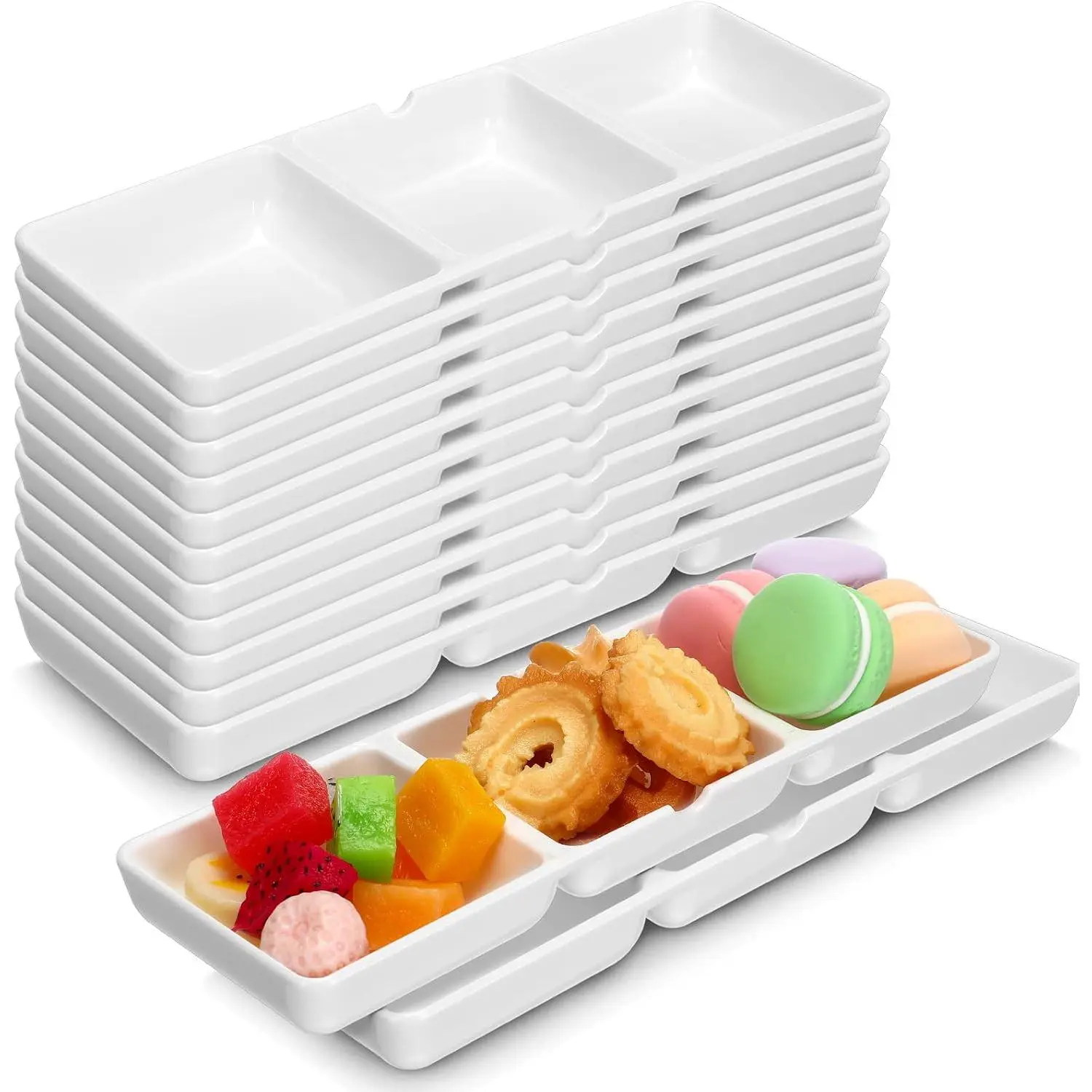24 count 8.7 x 2.8 Inch 3 Compartment Appetizer Serving Tray Plastic 3 Section Dessert Platters Rectangular Divided Plate White Compartment Serving Dishes Dipping Sauces Dinner Kitchen