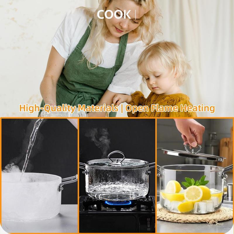 Large Capacity Glass Pot with Lid,1 Count Stainless Steel Handle Cookware,Clear Glass Pasta Pot, Cooking Pot for Home Kitchen, Stew Pot