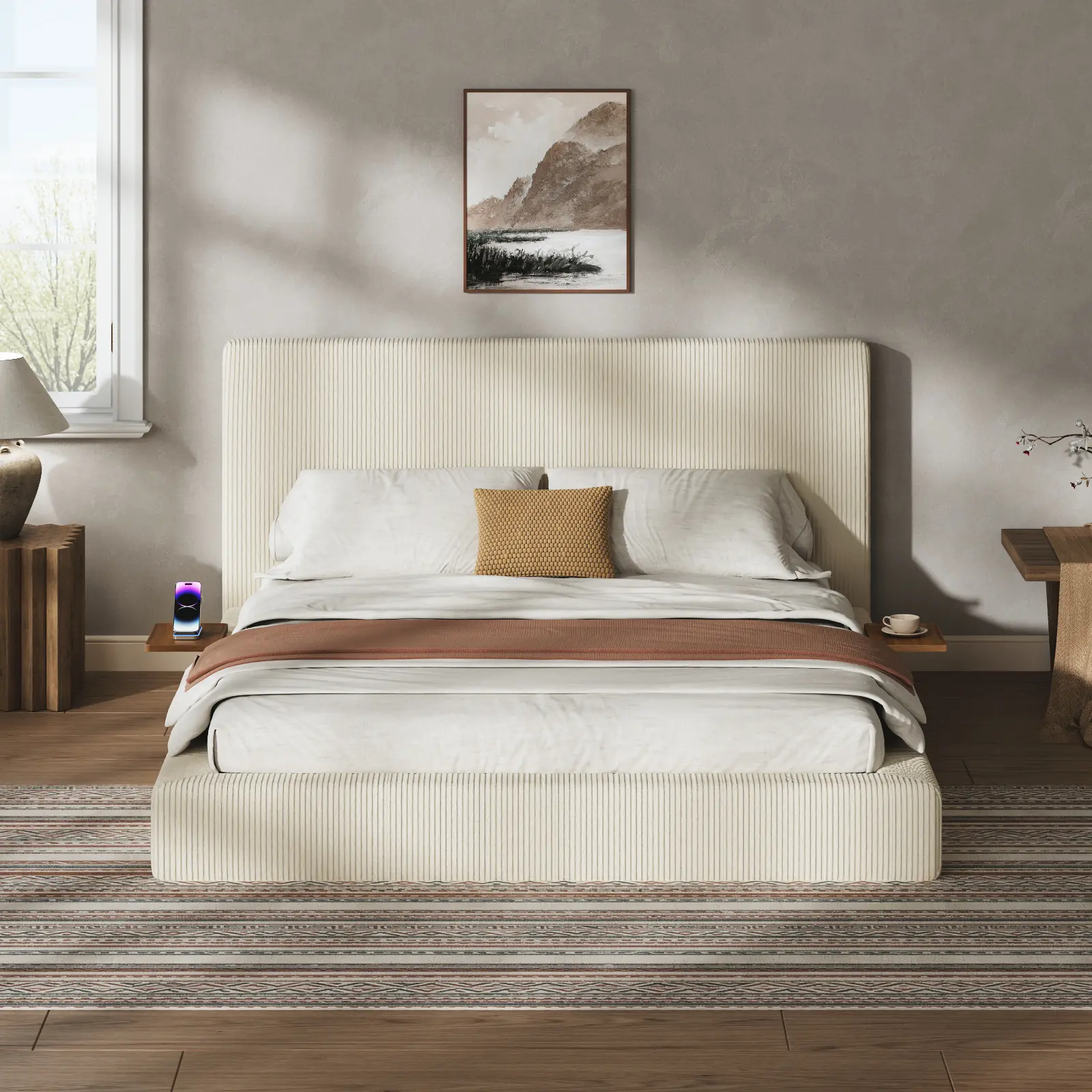 ARCH Queen Size Upholstered Platform Bed Frame with Adjustable Sliding Side Table, Cream White Corduroy Cloud Cushion, Low-Profile Headboard with Shelves, No Box Spring Needed, Easy Assembly, Safe for Kids and Pets, Modern Bedroom Furniture