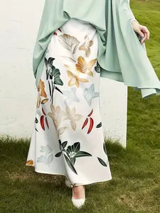 Women's Plus Size Shiny Satin Mermaid Midi Dress, High Elastic Waist, Multicolor Lily Print, Bodycon A-Line Style, Office & Party Wear