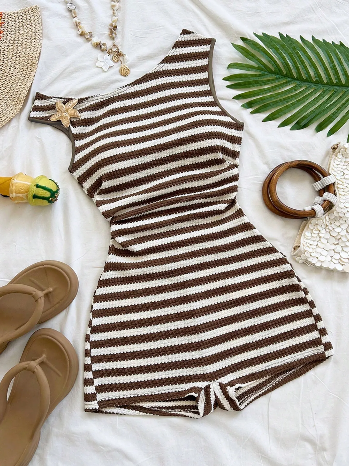 Striped Knit Romper, Boat Neck Sleeveless Slim Fit Short Romper, Beach Vacation Poolside Casual Wear, Stylish Summer