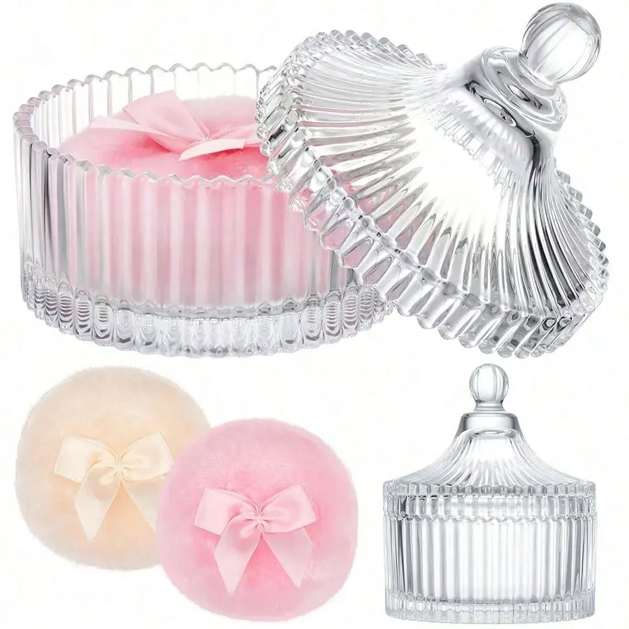 1 Covered Striped Glass Makeup Jar, Victorian Style Container for Cosmetics and Small Accessories, Bathroom Decoration Box, Loose Powder Container, Cosmetic Storage Gift for Women, Canister, Organiser, Beauty Organizer