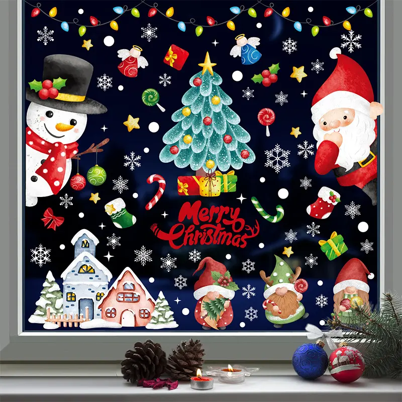 9PCSChristmas static window stickers hand-painted Santa Claus Christmas tree stickers Christmas holiday decoration stickers