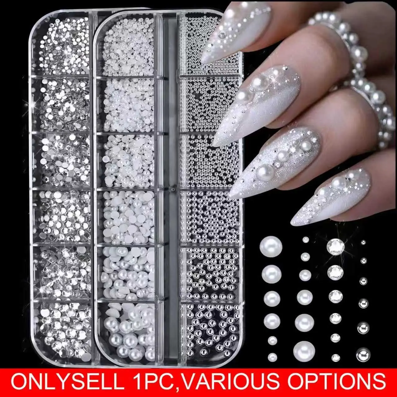 12 Grids Mixed Size 3D Nail Charms Set, White Half Round Flat Back Pearls, Silver Mini Steel Ball Rivets/Transparent Crystal Glass Rhinestones, DIY Artificial Nail Art Decorations Manicure Supplies, Flatback Rhinestones, Resin Nail Gems