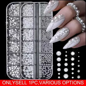 12 Grids Mixed Size 3D Nail Charms Set, White Half Round Flat Back Pearls, Silver Mini Steel Ball Rivets/Transparent Crystal Glass Rhinestones, DIY Artificial Nail Art Decorations Manicure Supplies