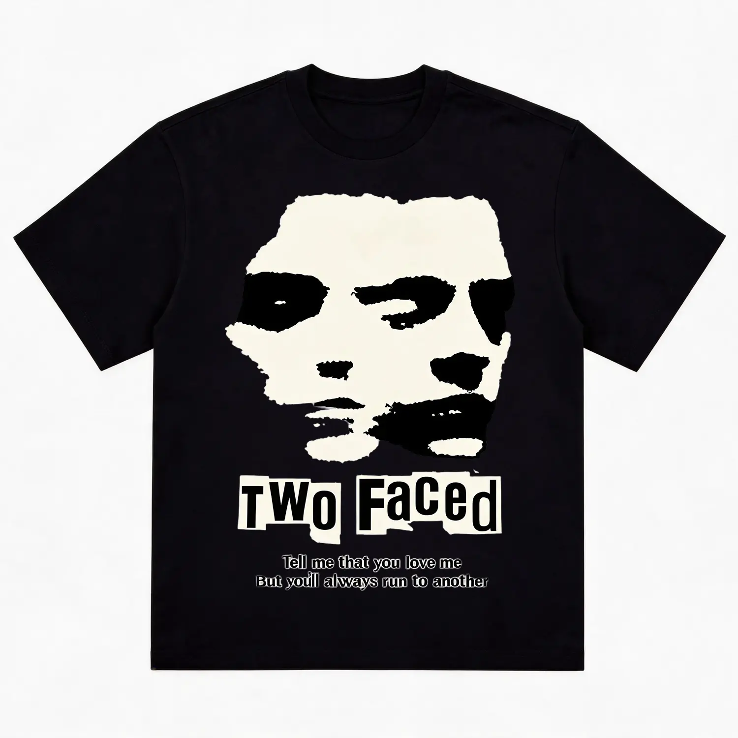 Heavyweight Cotton Oversized Crew Neck Short Sleeve T Shirt, Two Faced Distorted Split Dual Face Collage Tell Me That You Love Me Heartbreak Sad Grunge Graphic Tee, Unisex Dark Alt Grunge Top For Emo Y2K Breakup Indie Streetwear Daily Casual Outfit