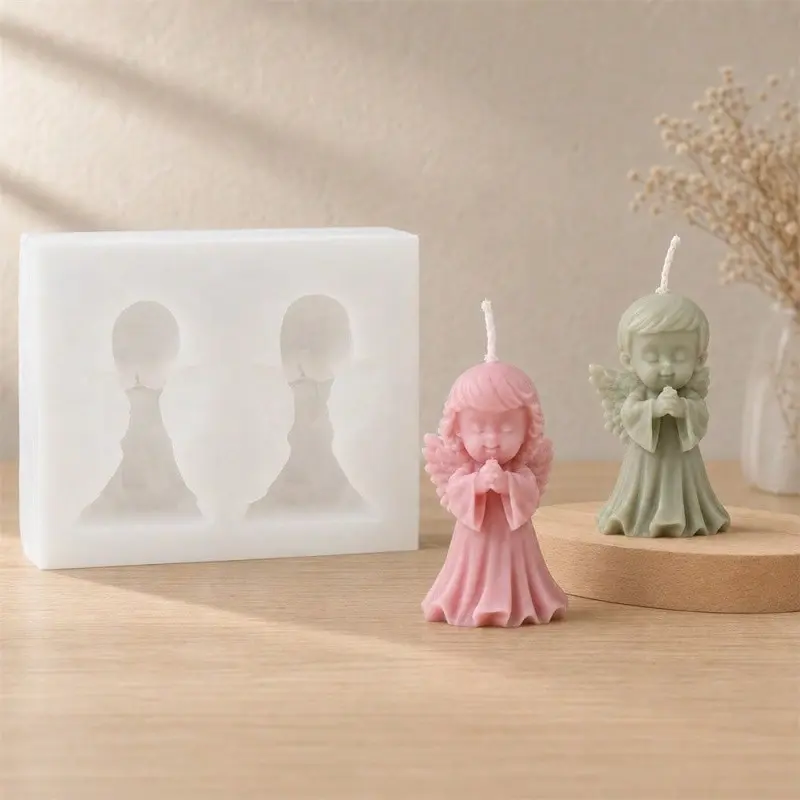3D Boy and Girl Angel Candle Mold, 2-Cavity Silicone Praying Cherub Mold for DIY Candles, Christmas Baptism Wedding Gifts