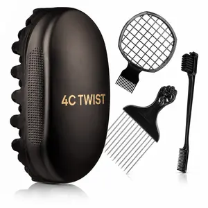 4C 4-Piece Hair Styling Tool Set, Twist Brush, Mesh Lift Comb, Metal Pick Comb & Double-Ended Edge Brush for Natural Hair, Coils, Curls, Locs & Daily Grooming