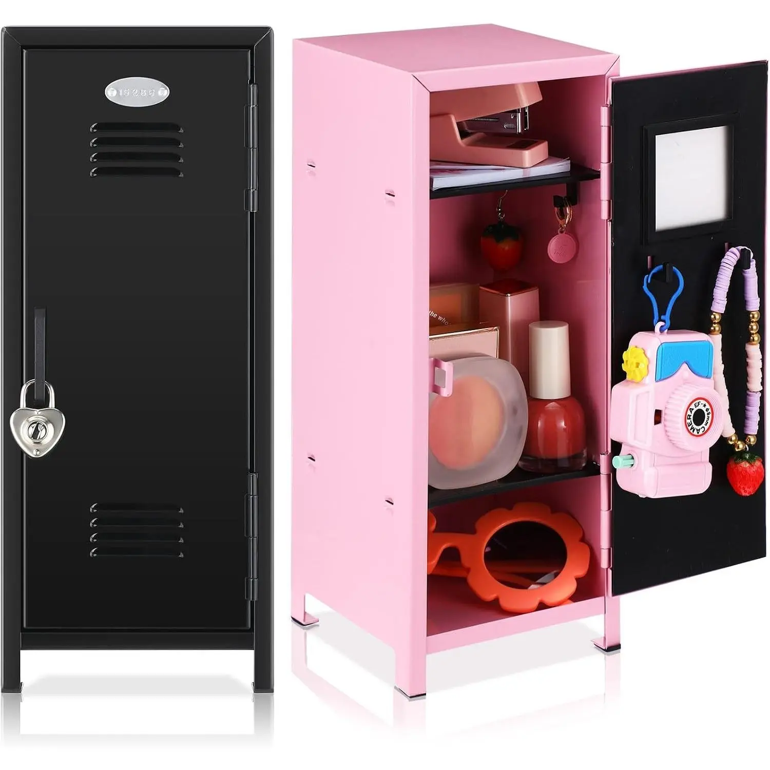 2 Pcs Mini Metal Locker Storage with Lock and 2 Keys 10.8 Inch Small Money Security and Cash Safe Box for Jewelry Back to School Home Office Desktop Container(Pink,Black)