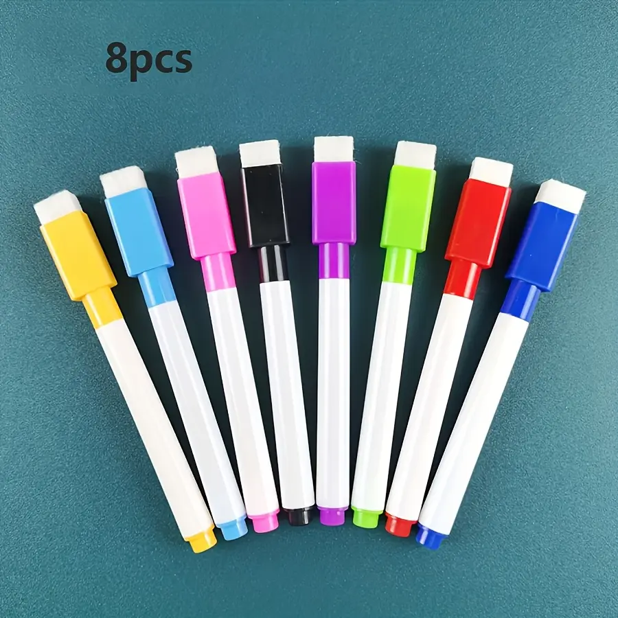 8Pcs Dry Erase Whiteboard Markers Marker Set With Attached Eraser Random Bright Wipeable Pens Stationery For Students Teachers Back To School Classroom Meeting Training Prize Seasonal Gathering Small Favor Daily Writing Supplies