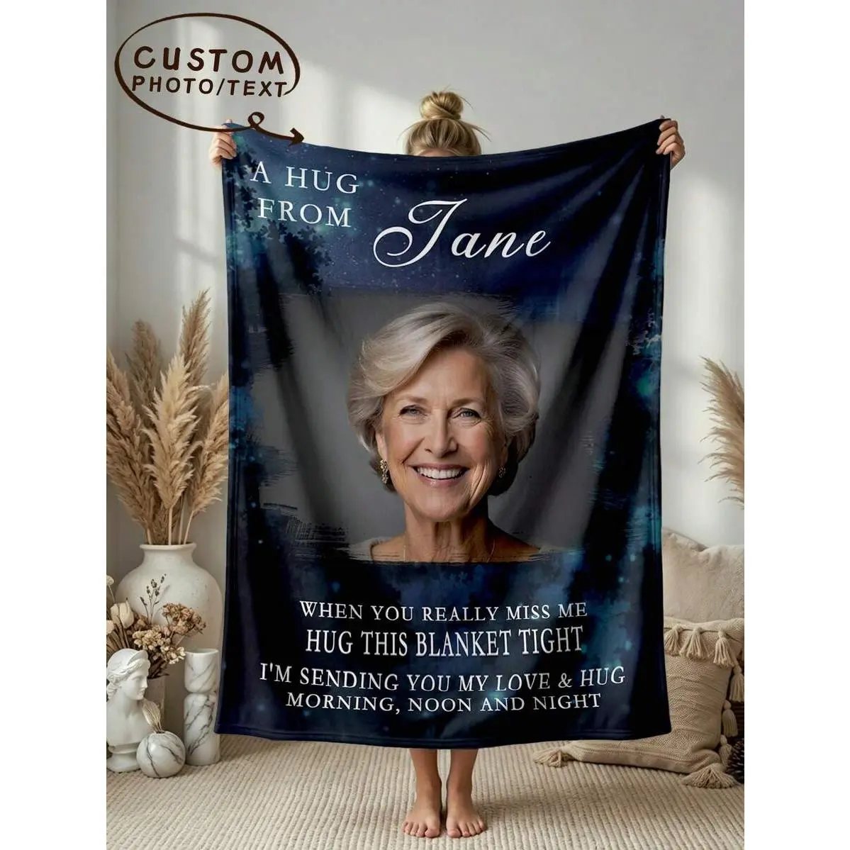 Personalized A Hug From Heaven Memorial Flannel Throw Blanket, Custom Name Photo Remembrance Soft Cover, Cozy Warm Sympathy Gift for Her Him Family, Bereavement Home Decor for Couch Sofa Bed, Summer AC Nap Blanket, Keepsake for Loved Ones