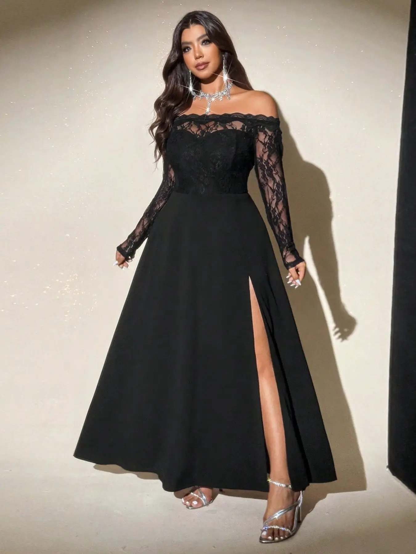 Plus Size off Shoulder Lace Maxi Dress, Long Sleeve Floral Bodice, High Slit Flowy Formal Gown, Dress for Weddings & Parties