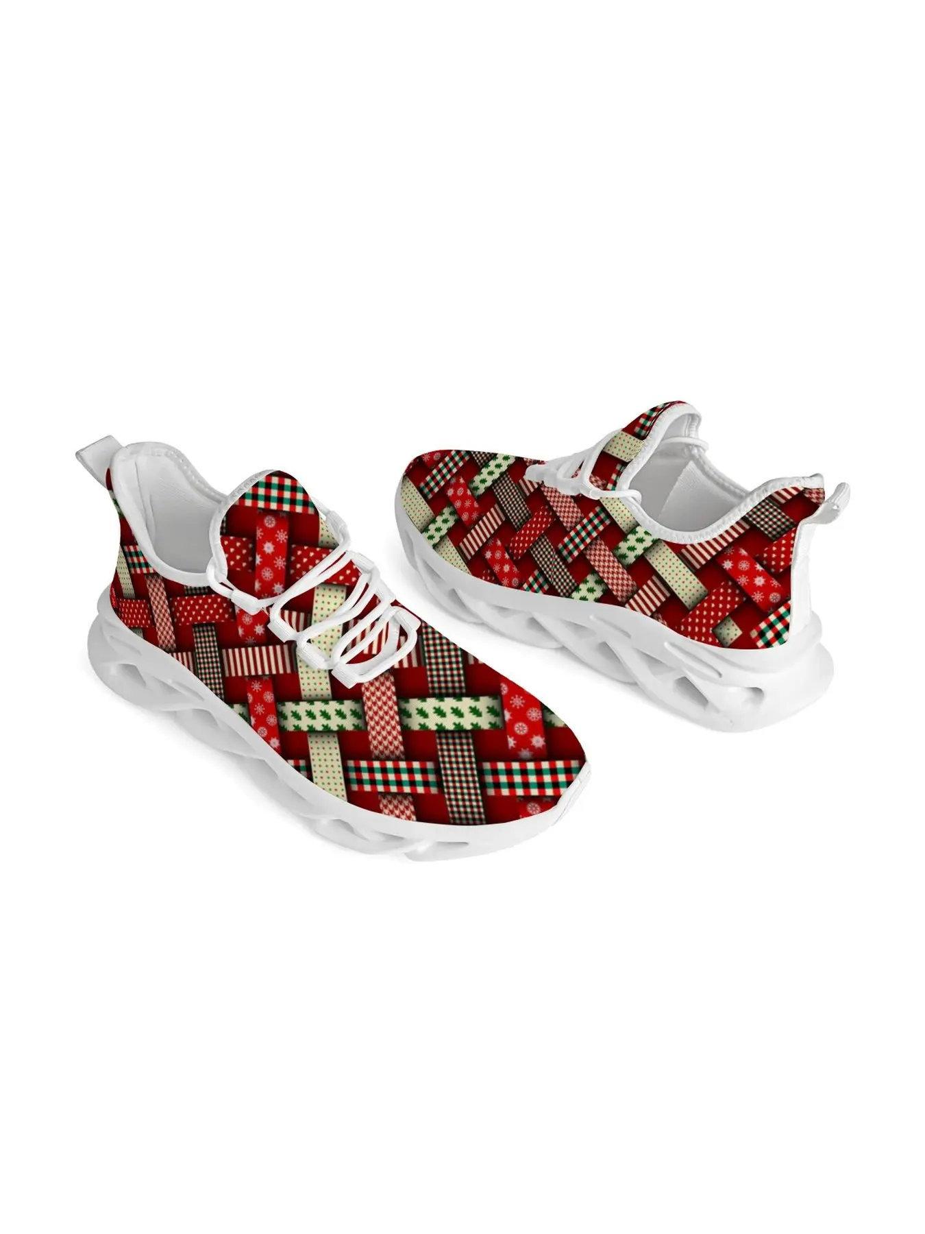 Christmas Ribbon Plaid Weave Print Blade Sneakers Unisex Lightweight Mesh Wave Sole Running Shoes Xmas Holiday Casual Walking Footwear Christmas Gift