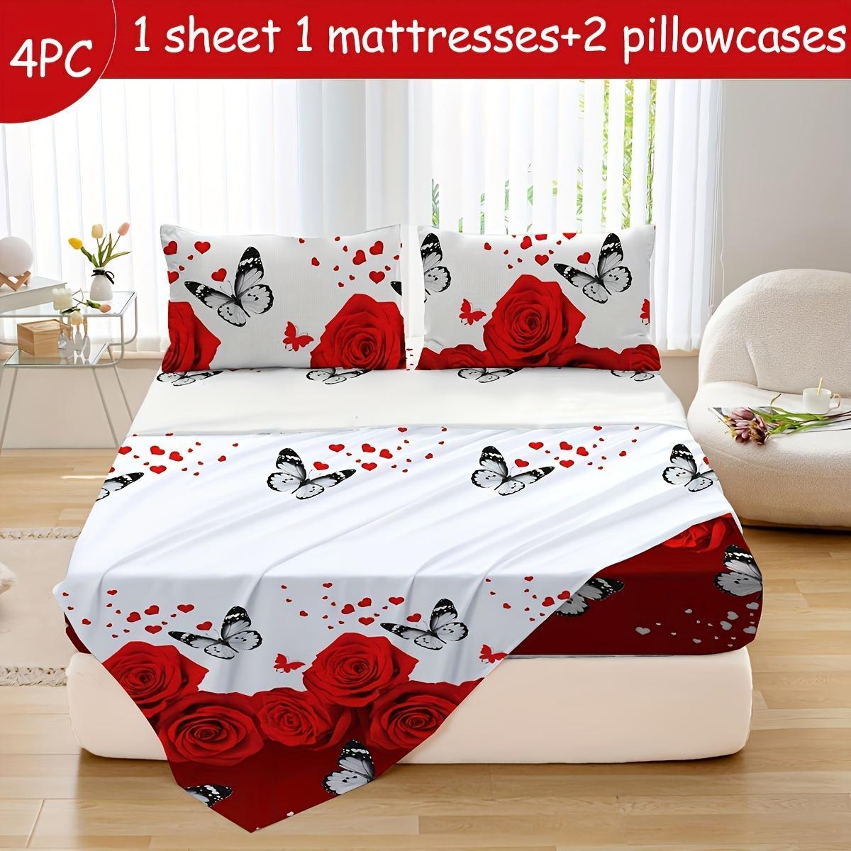 Rose & Butterfly Pattern Bedding Set, Including 1 Fitted Sheet & 1 Flat Sheet & 2 Pillowcases (No Pillow Inserts), Bedding Supplies for Home Bedroom Hotel