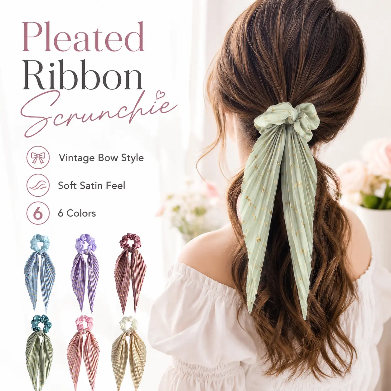 New Folded Fabric Scrunchie with Vintage Ribbon. Stylish hair tie for women to hold ponytails securely, elegant daily hair accessory. Soft decorative hair band, trendy vintage ornament for casual and dating looks.