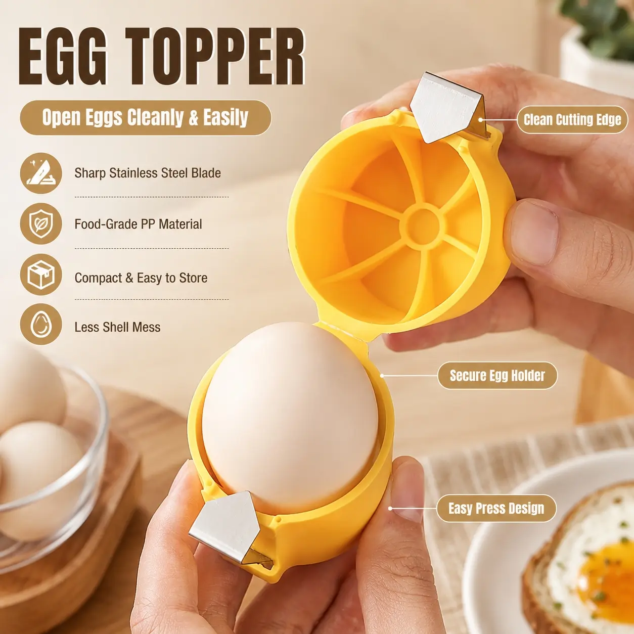 2pcs Egg Topper Opener, Easy Egg Cracker Tool, Boiled Egg Cracking Tool with Sharp Stainless Steel Blade, Food-Grade PP Egg Shell Cutter, Compact Mess-Free Kitchen Helper for Breakfast, Baking, Cooking and Daily Use