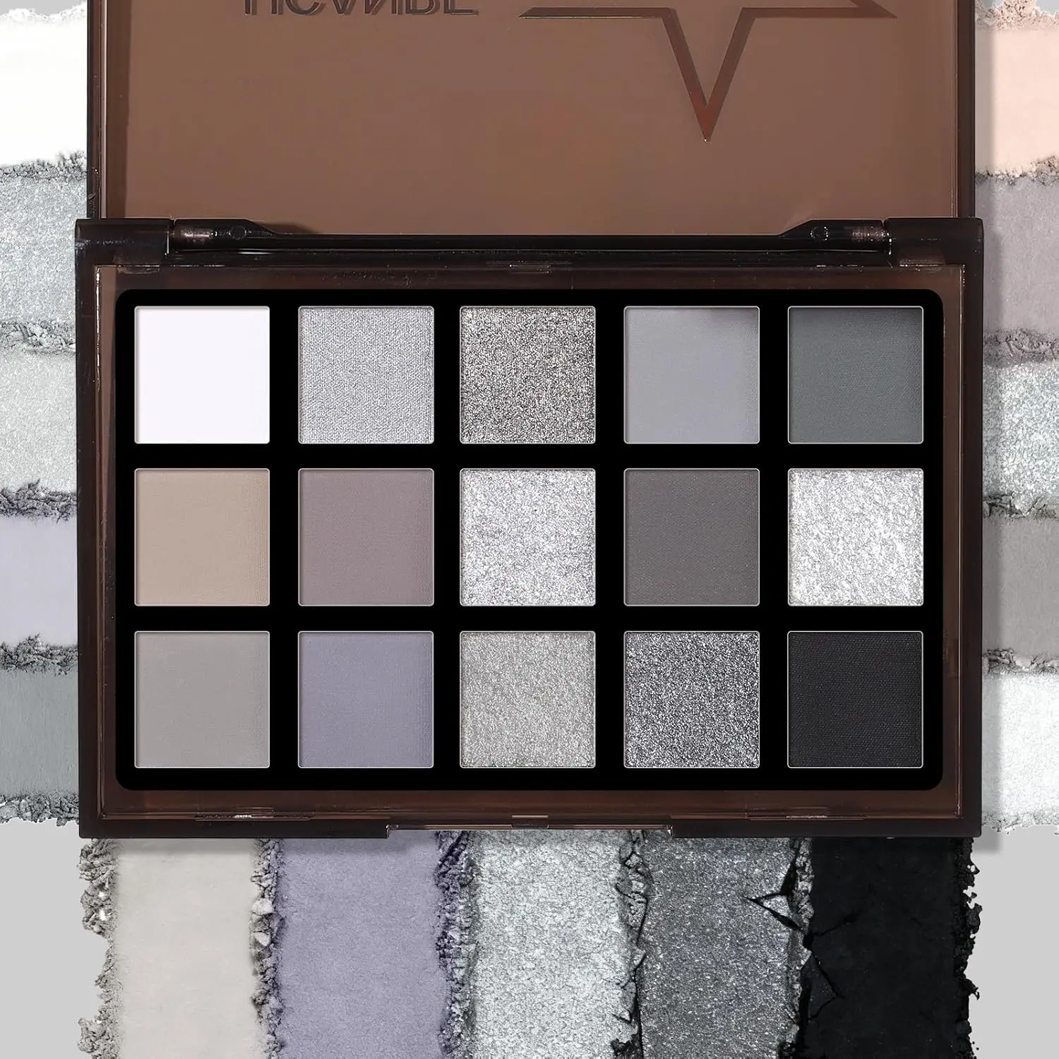 UCANBE Smoky Black 15-color eyeshadow palette, dark matte, shimmer & metallic shades with pigmented silver-gray tones. Smooth powder for everyday grunge makeup and Halloween goth eye looks.