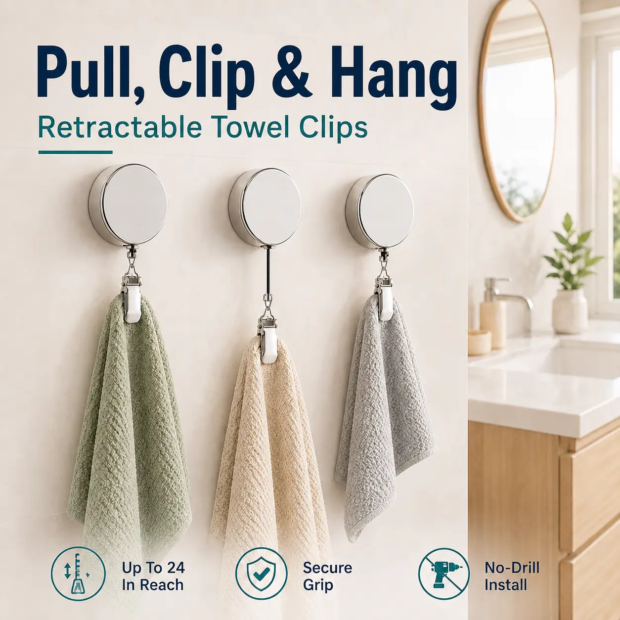 Retractable Towel Clip, Self‑Retracting Towel Holder with 24 Inch Auto‑Rewind Cord, No Drill Adhesive Wall Mounted Spring Clamp Hook, Zinc Alloy Towel Hanger for Bathroom Kitchen Laundry Room-YY