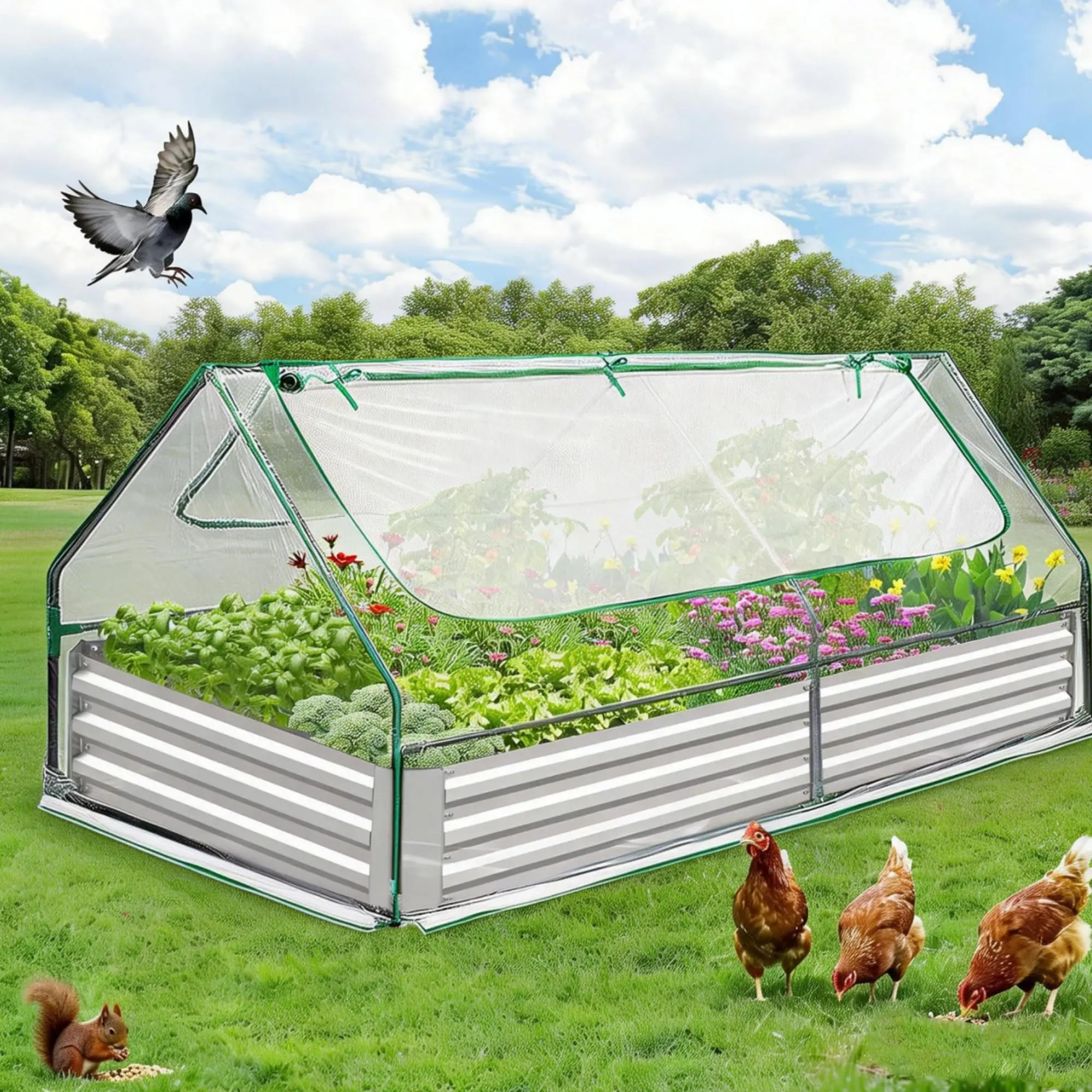 GARVEE Raised Garden Bed with Cover, 6x3x1 Ft Outdoor Galvanized Metal Planter Box with 2 Screen Windows, Mini Greenhouse for Vegetables and Flowers, Clear Top Cover