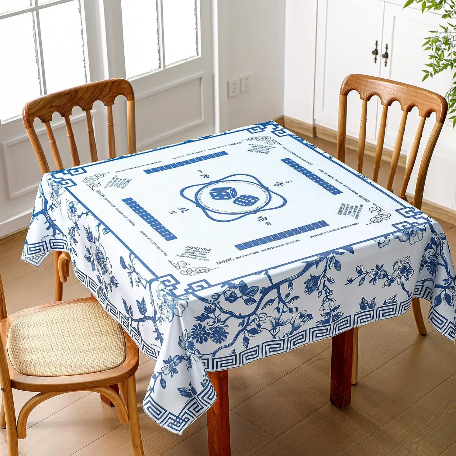 Oudain Chinoiserie Mahjong Tablecloth Florals Card Table Cloth 55x 55 Inch Square Tablecloth Game Table Cover with Game Rules for Mahjong Beginners, Card, Board Tile Games(Blue and White)