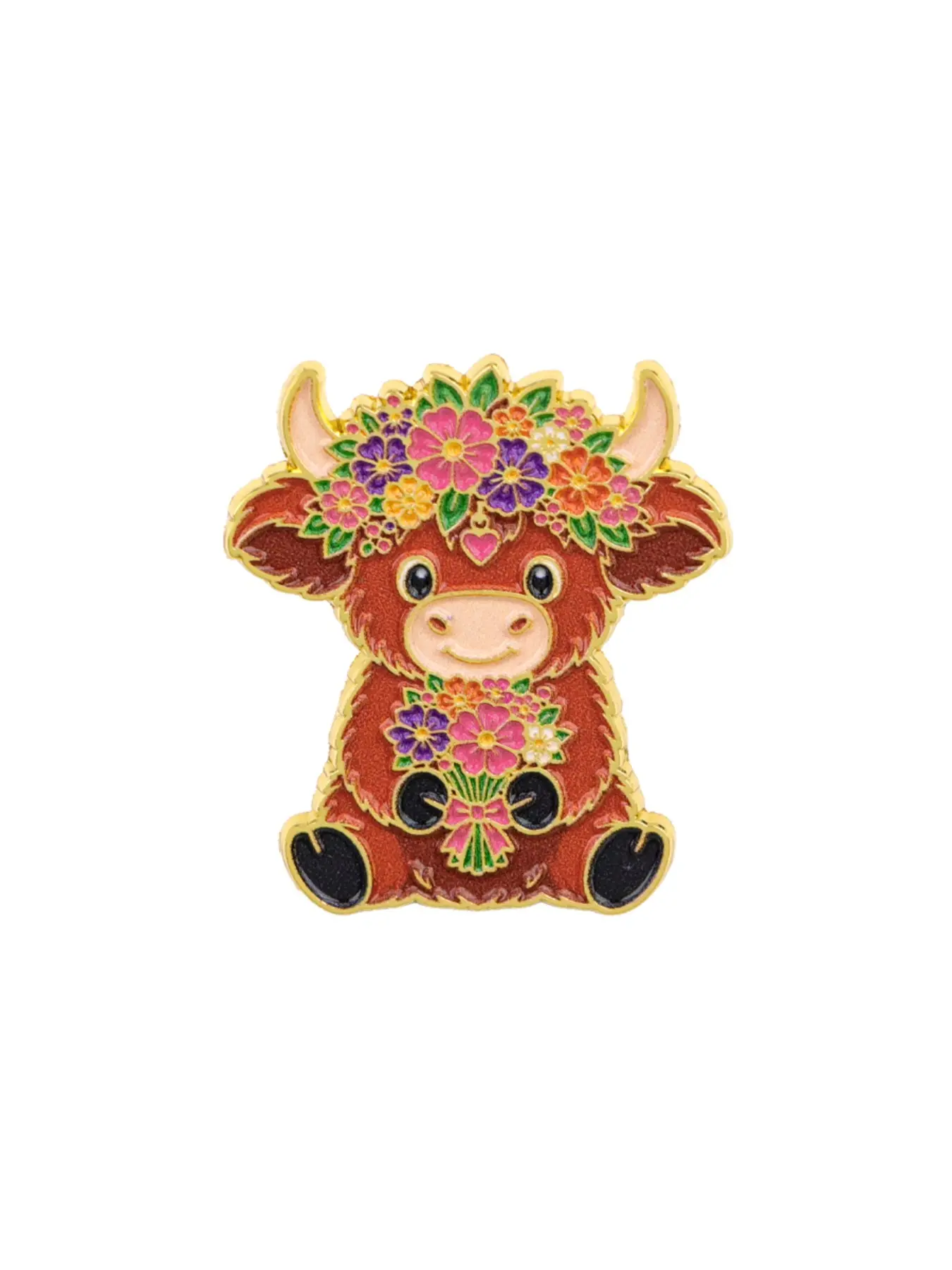 Floral Highland Cow Pin Cartoon Animal Brooch, Zinc Alloy Badge, Backpack Bag Accessory, Unique Fashion Gift Idea, Cute Style
