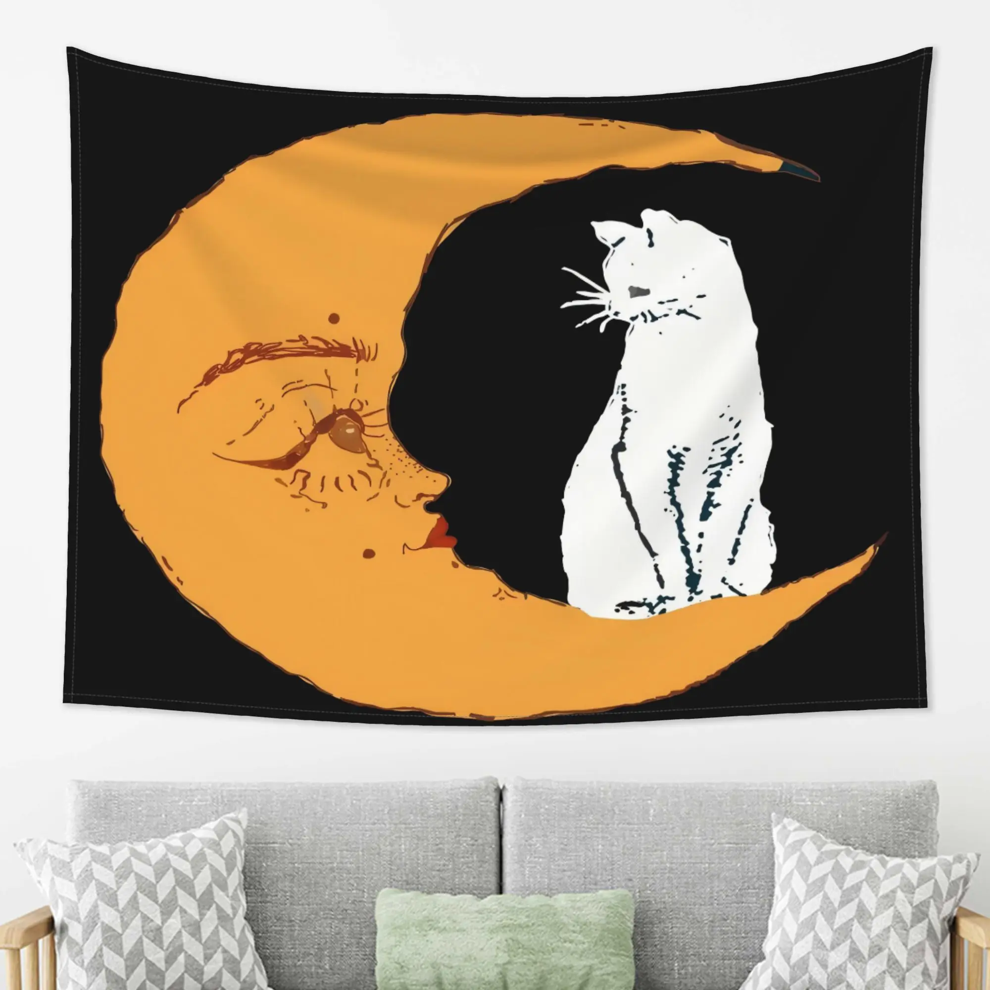 Minimalist Moon Cat Tapestry Wall Hanging, Modern Boho Horizontal Print with Soft Cozy Skin-Friendly Fabric, Aesthetic Dorm Room Decor for Bedroom, Living Room, Apartment, Wrinkle-Resistant Throw Blanket Alternative, Cat Mom Birthday Gift