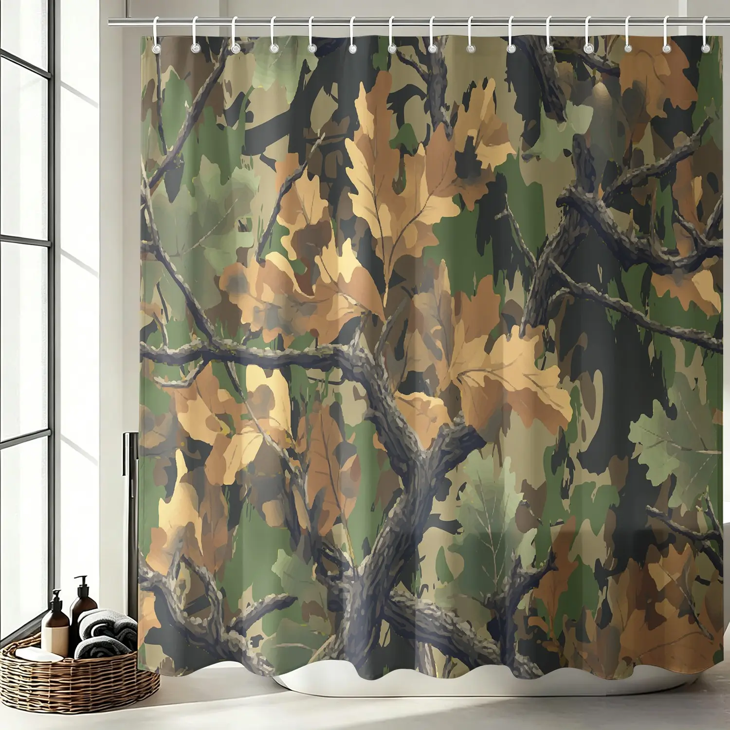 Camo Tree Print Shower Curtain Set, Wilderness Hunting Style for Bathroom Accessories with 12 Hooks, Upgrade Vintage Camouflage Bathroom Aesthetics, 72"x72"