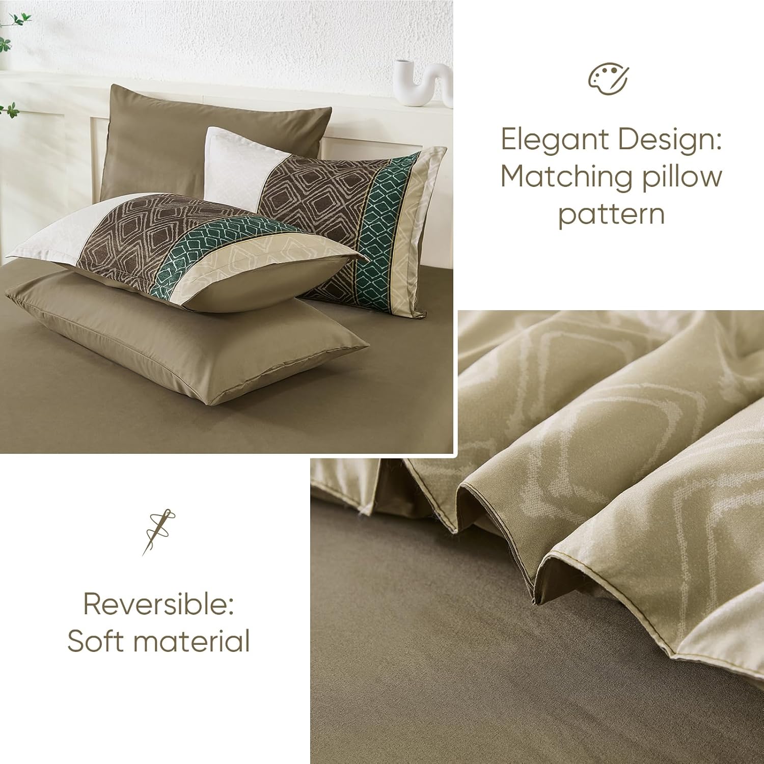 Comforter Set Khaki Boho,7  Bed in a Bag  Size Striped Summer Bedding Sets Comforters with Plaid Light Brown Bed Set with Sheets for Women