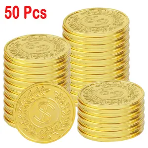 50/100 pieces of gold-colored coins, plastic toy gold coins| Suitable for party gifts, treasure hunts and party supplies - Color: Gold