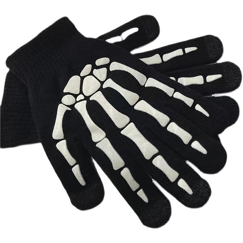 Skeleton Pattern Touch Screen Luminous Gloves, 1 Pair Outdoor Cycling Warm Knit Gloves, Sports & Outdoor Accessories for Women & Men, Halloween, Touchscreen Glove, Hand Cover
