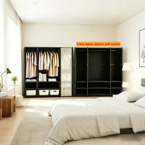 Minimalist Black Frame Freestanding Wardrobe for Small Spaces, Heavy-Duty Iron Rack with Sheer Dust Curtain, Separate Long/Short Clothes Hanging Zones, Multi-Tier Shelves with Drawers & Woven Baskets, Large Capacity Closet for Dorms & Rentals