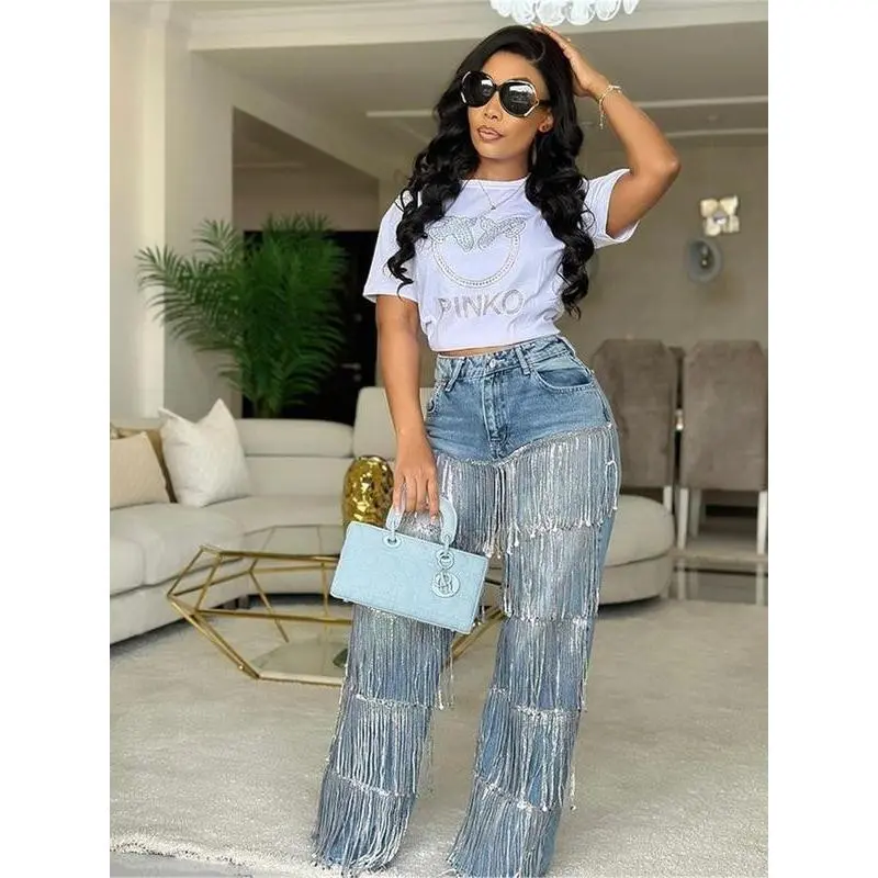 New Women's Fashion Button Decoration Fringed Loose Straight Pants, Trendy Casual Wear for Stylish, Comfortable Fit for Everyday Use