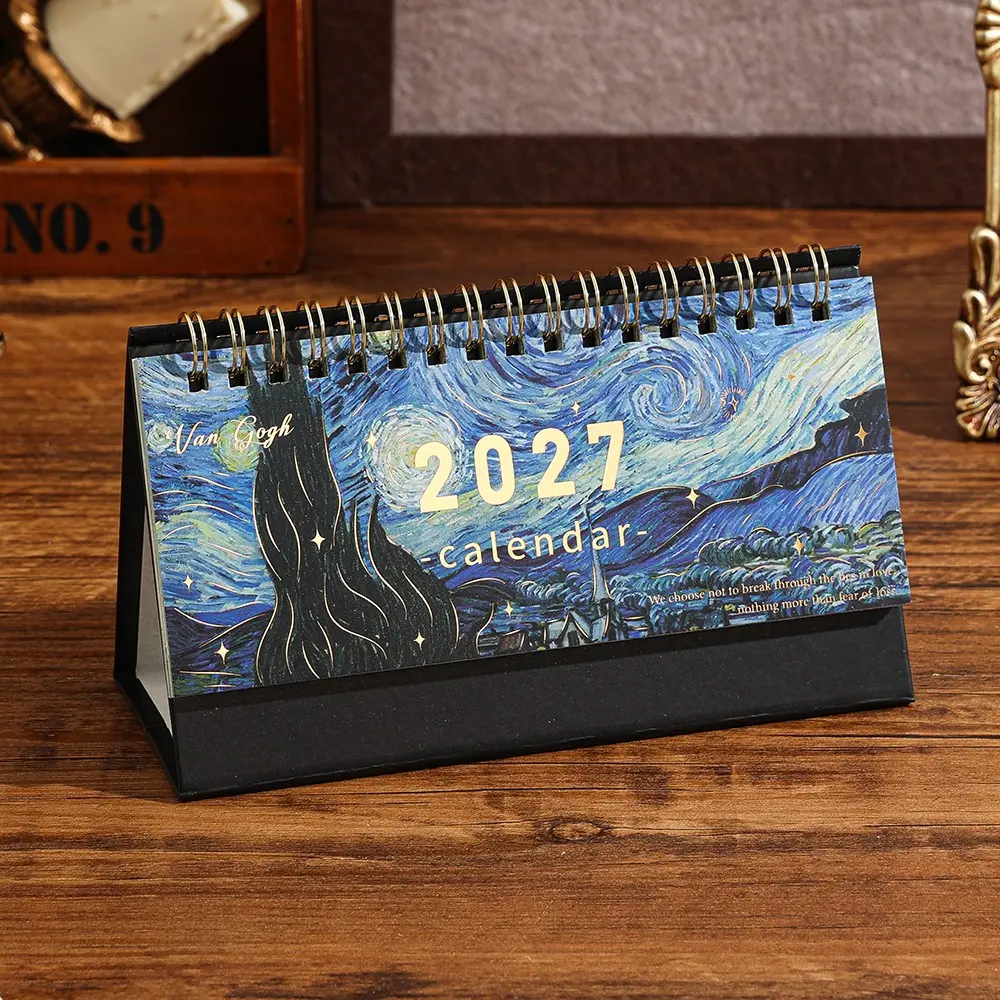 2027 Vintage Desktop Calendar Daily Monthly Portable Schedule Table Planner Date Organizer Desk Weekly Calendars Oil Painting Small Size for Home Office Supplies New Year and Presents Birthday Room Decoration