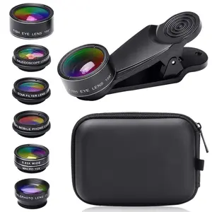 7 in 1 Phone Camera Lens Kit-198° Fisheye Lens+ 15X Macro Lens+ 0.63X Wide Angle Lens+ Long Focal Lens 2x+ CPL+ Kaleidoscope+Starburst+, Clip-on Camera Lens for iPhone 11/12/13, for Samsung/Android