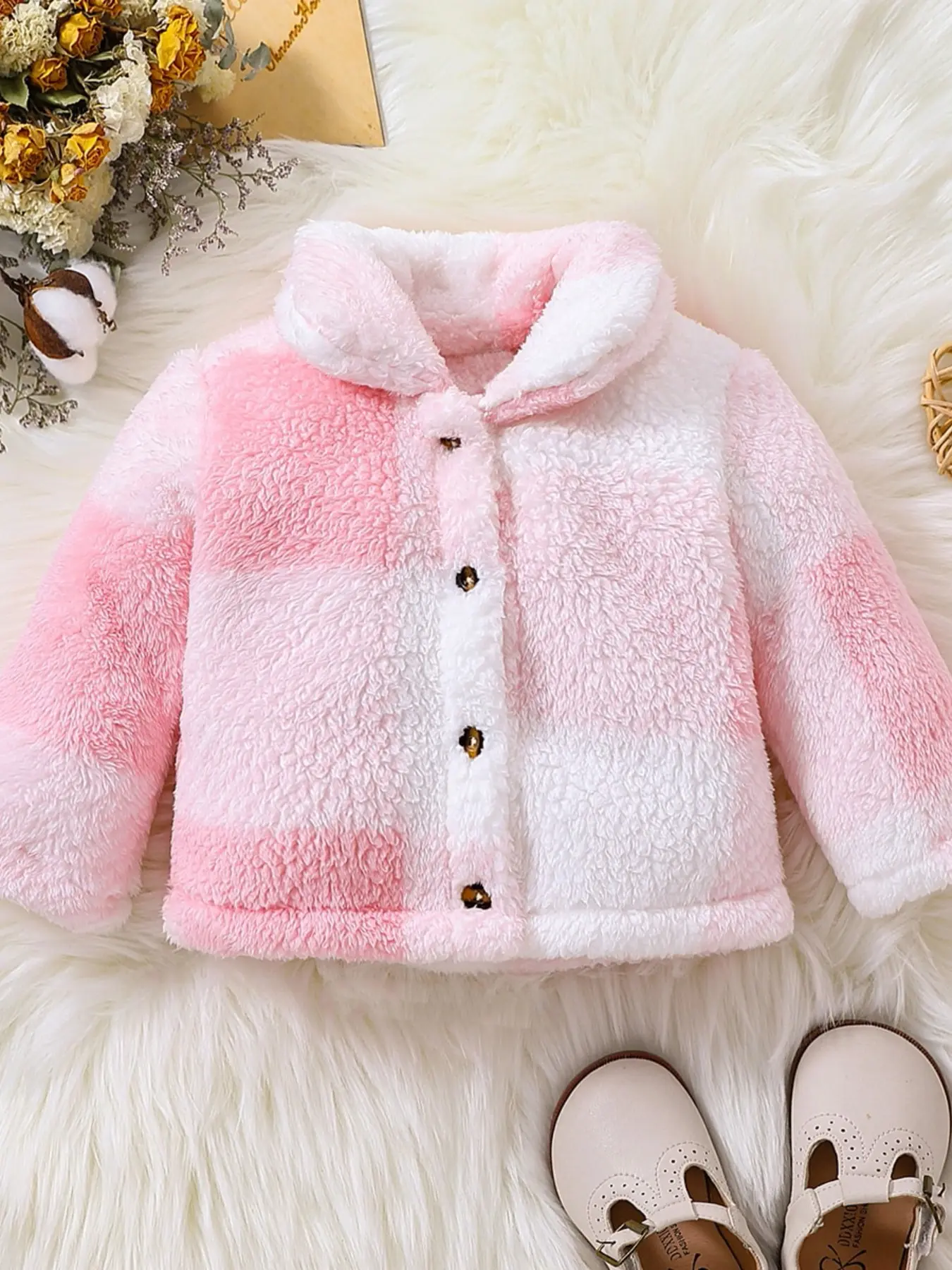 Tie-Dye Sherpa Fleece Collared Coat, Single-Breasted Plush Warm Jacket, Toddler Girls Winter Outdoor Wear, Soft Fluffy Windproof Cozy Outerwear