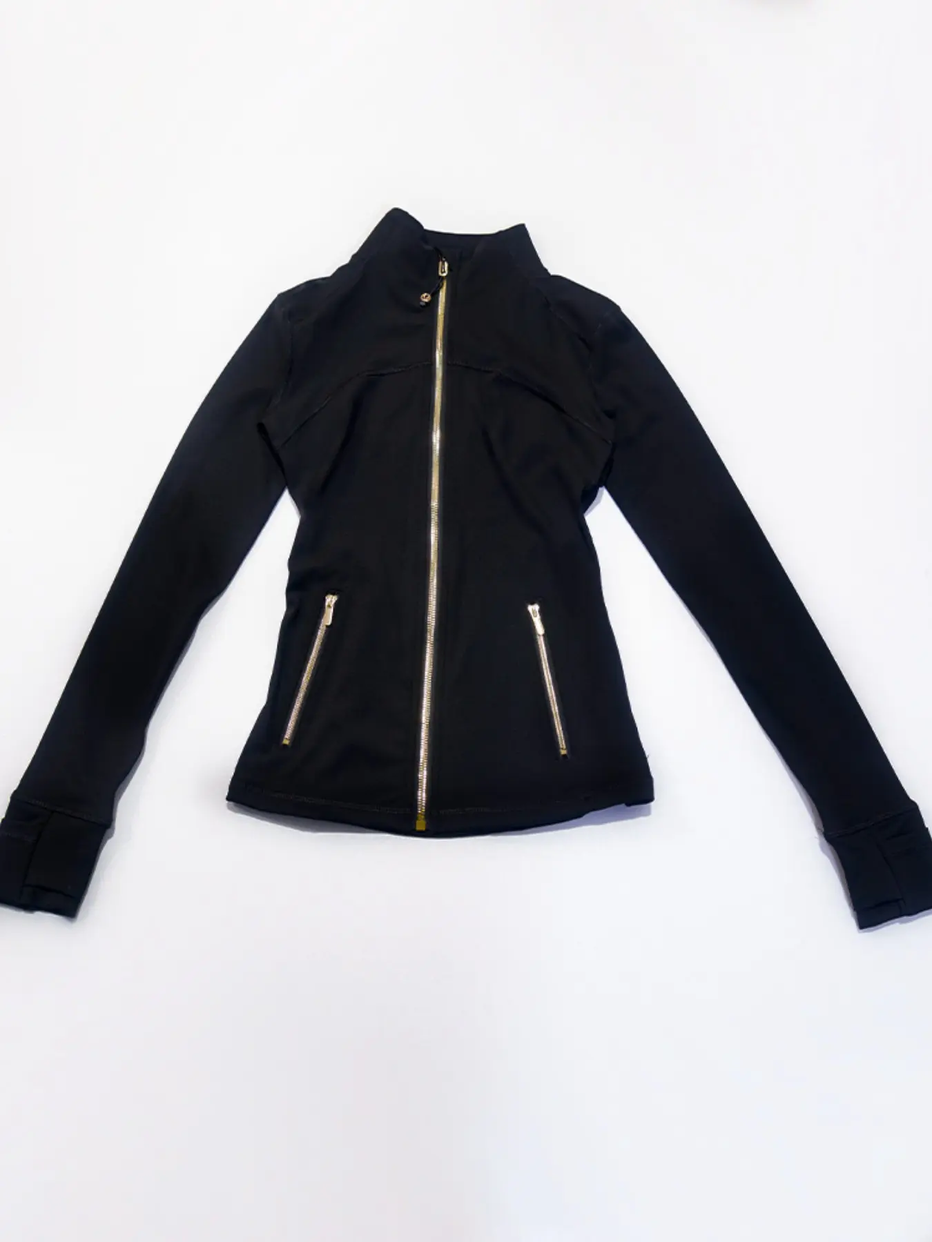 Ladies' slim fit gold zipper sports jacket, thin breathable quick drying yoga top, stand up collar style, thumb hole design, Spring and Autumn new sports jacket, Zippered Sports Jacket