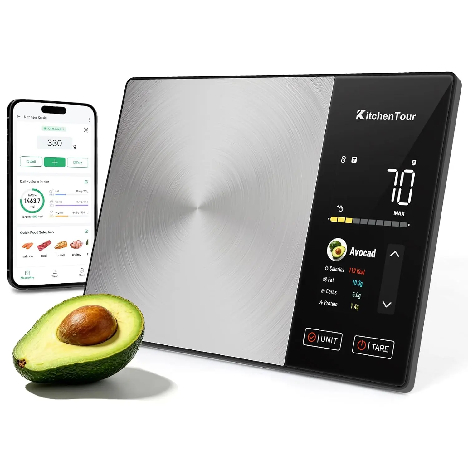 KitchenTour Food with Nutritional Calculator, Bluetooth App for Calorie & Macro Tracking, 24 Nutrients, 11lb/1g Stainless
