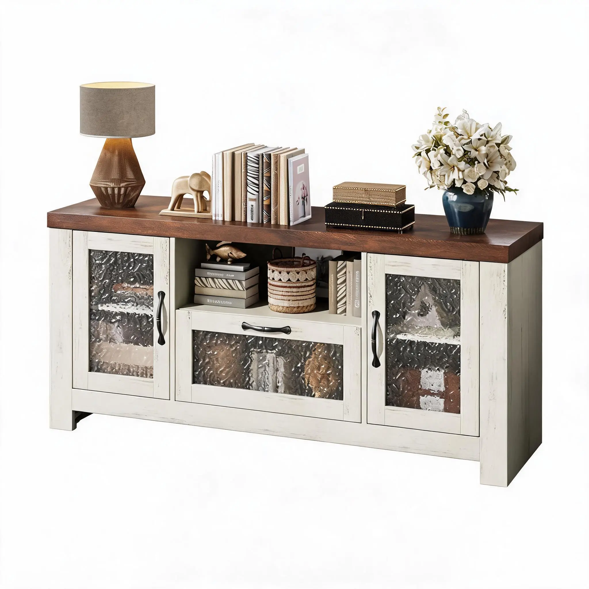 Rustic Farmhouse Freestanding TV Stand - Engineered Wood Entertainment Center for 60" TV, Sliding Acrylic Barn Doors, Adjustable Shelves, 300 lbs Load Capacity for Living Room, Dining Area